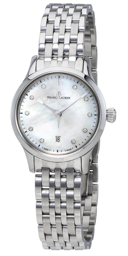 Maurice Lacroix Date Ladie.
Kast diameter 28 mm. Stainless Steel. Saffierglas. Parelmoeren wijzerplaat met diamanten index. Datum aanduiding. Stainless Steel band. 3 ATM Waterbestendig.
